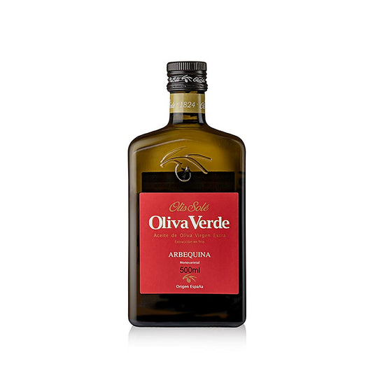 500 ml fles van Oliva Verde Arbequina extra vierge olijfolie, met rood label
