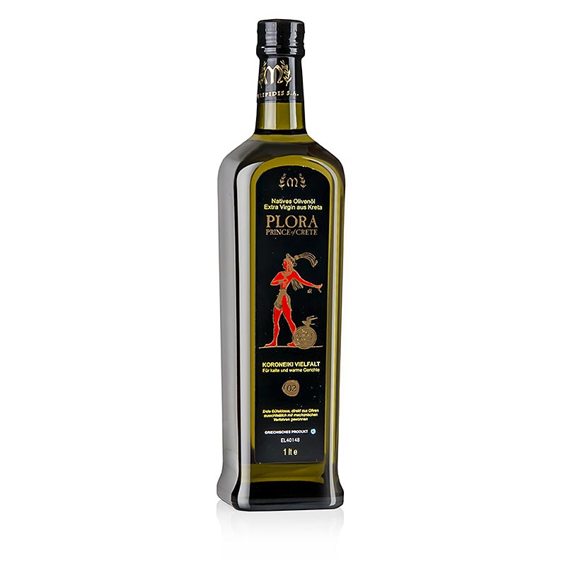 Extra olijfolie van eerste persing, Plora Prins van Kreta, Kreta, 1 liter - Afbeelding van een fles met 1 liter olijfolie van topkwaliteit, gemaakt op Kreta door Plora Prins van Kreta, perfect voor gebruik in diverse gerechten