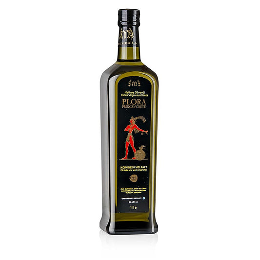 Extra olijfolie van eerste persing, Plora Prins van Kreta, Kreta, 1 liter - Afbeelding van een fles met 1 liter olijfolie van topkwaliteit, gemaakt op Kreta door Plora Prins van Kreta, perfect voor gebruik in diverse gerechten
