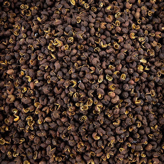 A close-up image of a 250 g package of Sichuan pepper, also known as Szechuan pepper, Fagara, or Chinese bergpeper, commonly used in Sichuan cuisine for its unique and numbing flavor