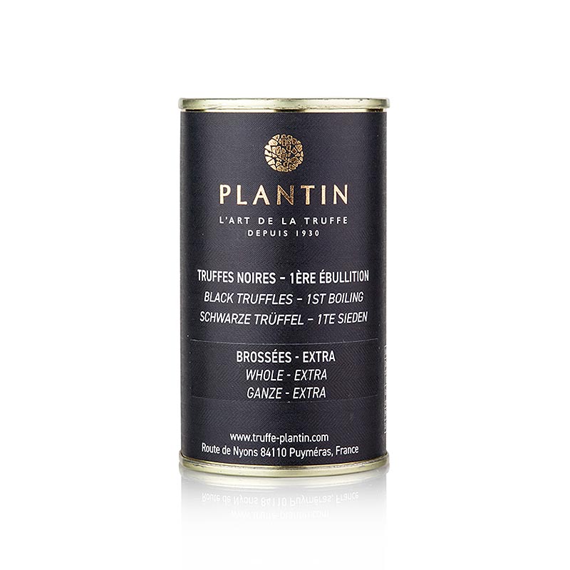 Verse winter zwarte truffel van het merk Plantin, met een gewicht van 105 gram, geïllustreerd in ronde vorm