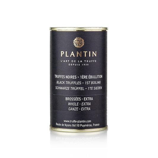 Verse winter zwarte truffel van het merk Plantin, met een gewicht van 105 gram, geïllustreerd in ronde vorm