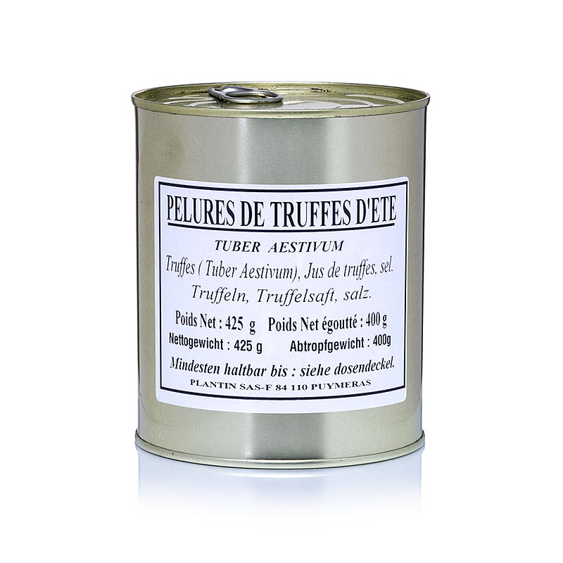 Zomertruffel pelures, truffelschelpen/schijfjes, Plantin, 425 g - Een verpakking van 425 gram Plantin zomertruffel pelures, truffelschelpen en schijfjes