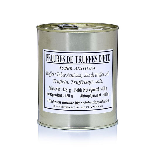 Zomertruffel pelures, truffelschelpen/schijfjes, Plantin, 425 g - Een verpakking van 425 gram Plantin zomertruffel pelures, truffelschelpen en schijfjes