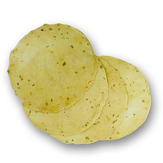 Pappadums, gekruid met groene chilipepers, ca. ø 18 cm, 110 g, 16 stuks