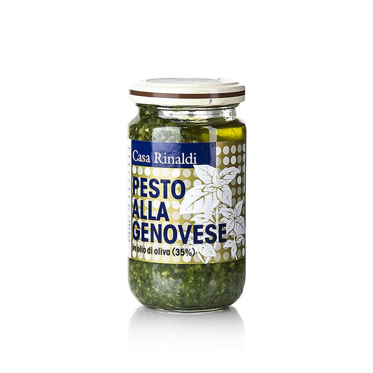 Pesto alla Genovese, een heerlijke basilicumsaus met extra vierge olijfolie, in een verpakking van 180 g van Casa Rinaldi