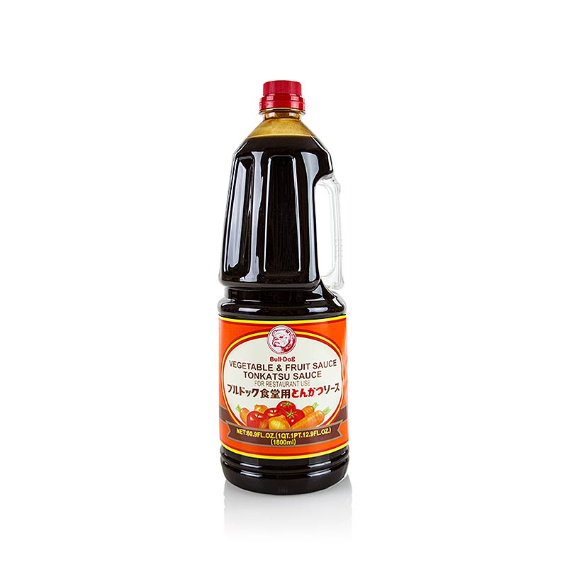 Tonkatsu-saus en kruidensaus met genetisch gemodificeerde ingrediënten in een grote fles van 1,8 liter van het merk Bulldog