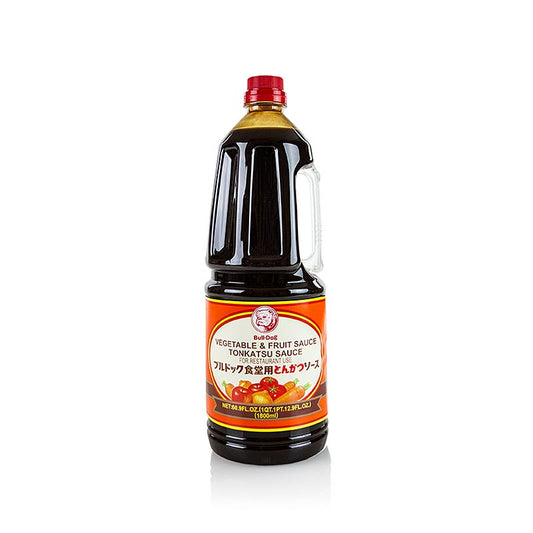 Tonkatsu-saus en kruidensaus met genetisch gemodificeerde ingrediënten in een grote fles van 1,8 liter van het merk Bulldog