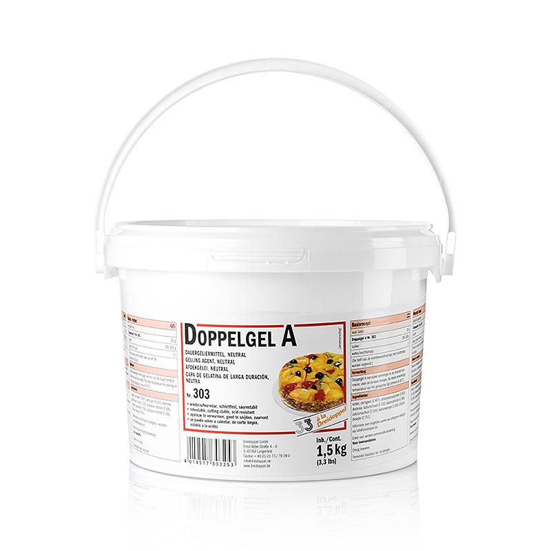 Close-up of Taartglazuur dubbele gel, driedubbele gel, nr303, 15 kg in clear packaging on a white background, perfect for cake decorating and creating glossy finishes