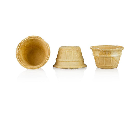 Portie wafelbeker, ø 27/40x27mm, 22ml, 29 kg, 1380 stuks - Een stapel van 1380 kleine, stevige wafelbekers met een diameter van 27/40x27mm en een inhoud van 22ml, totaal 29 kg