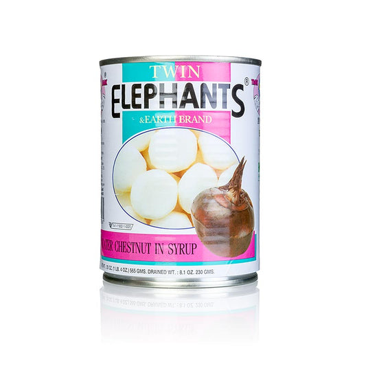 Whole peeled water chestnuts in a 565 g can, preserved in sweet syrup