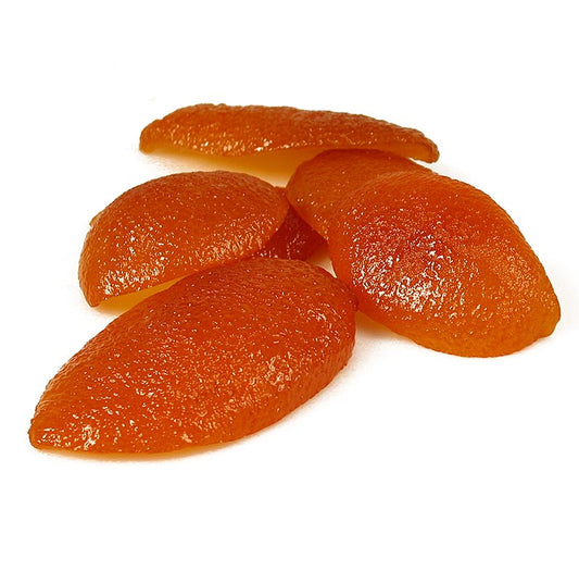 Gekonfijte sinaasappelschillen in vieren gesneden, verpakt in een Corsiglia Facor verpakking van 2,5 kg