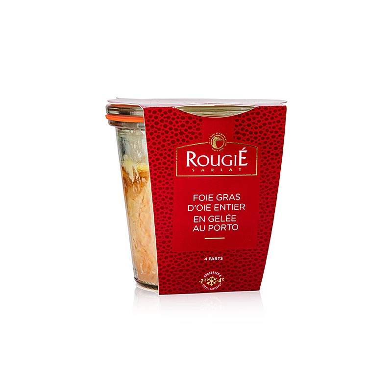 Foie gras - Entier in portwijngelei, 100% foie gras, halfgeconserveerd, Rougié, 180 g - a luxurious and decadent gourmet delicacy in a rich port wine jelly