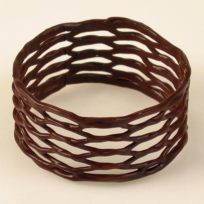 Set of 100 small serviette rings made of pure chocolate, measuring ø 45mm in diameter and 30mm in height, with a total weight of 600g