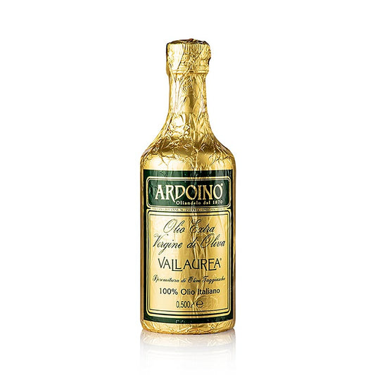 Extra olijfolie van eerste persing, Ardoino Vallaurea, ongefilterd, in goudfolie, 500 ml - hoogwaardige ongefilterde olijfolie in luxe goudfolie verpakking