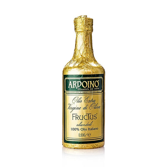 500 ml fles extra vierge olijfolie van eerste persing, Ardoino Fructus, ongefilterd, verpakt in goudfolie
