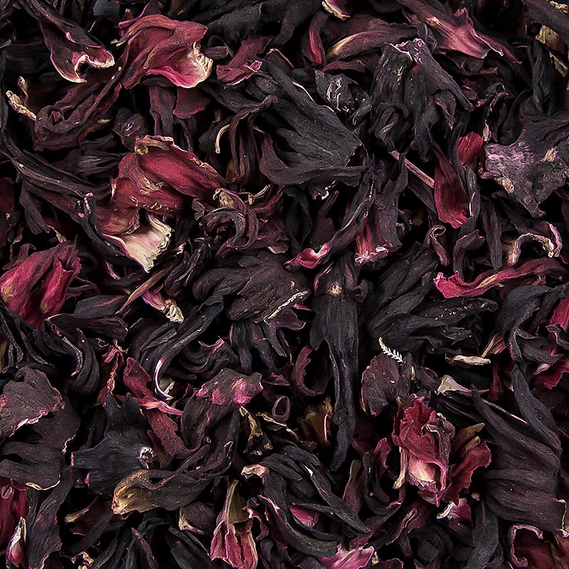 Hibiscusbloemen, gedroogd, 100 g - Gedetailleerde afbeelding van verpakte gedroogde hibiscusbloemen in een zak van 100 g