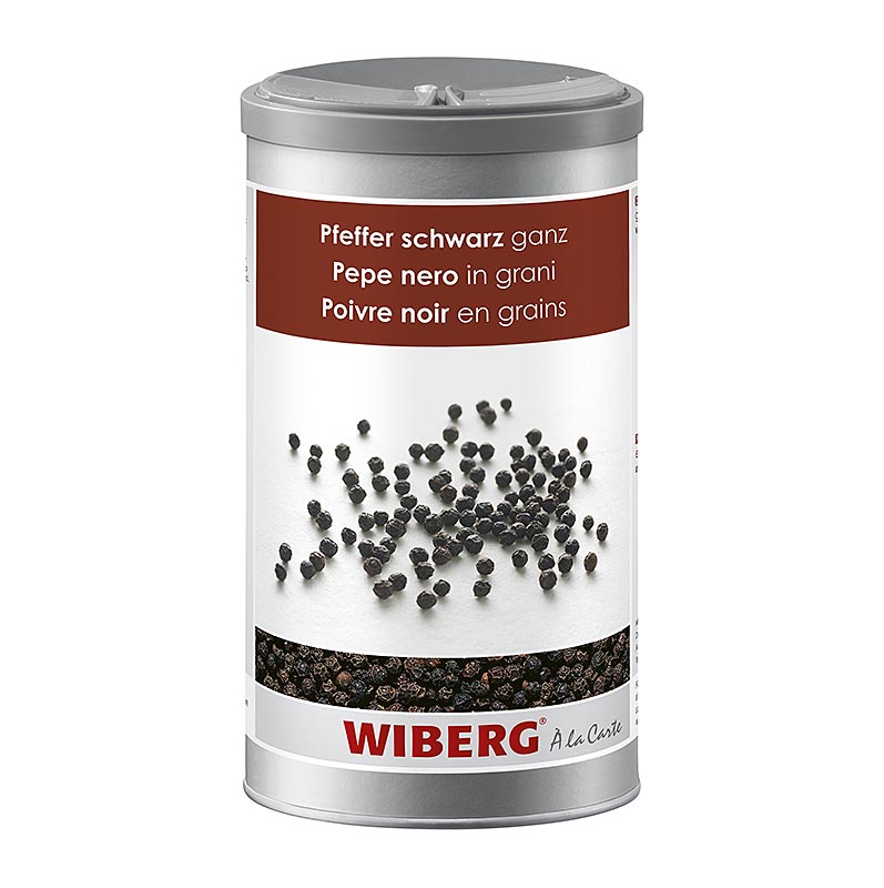 Zwarte peperkorrels van het merk Wiberg, heel en verpakt in een pot van 630 gram