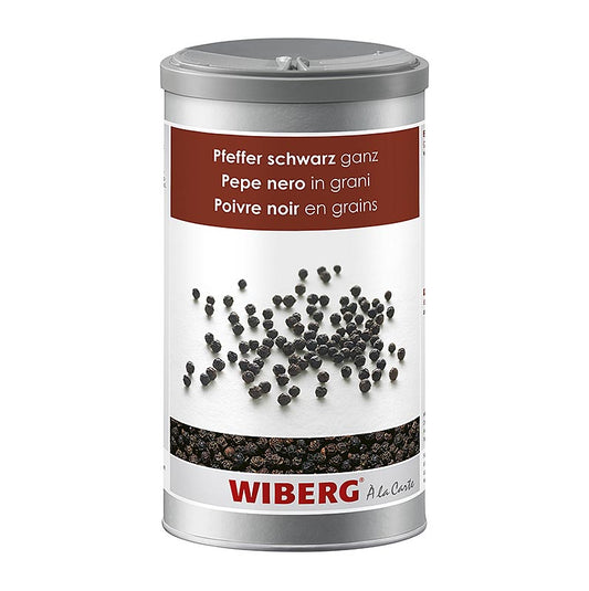 Zwarte peperkorrels van het merk Wiberg, heel en verpakt in een pot van 630 gram