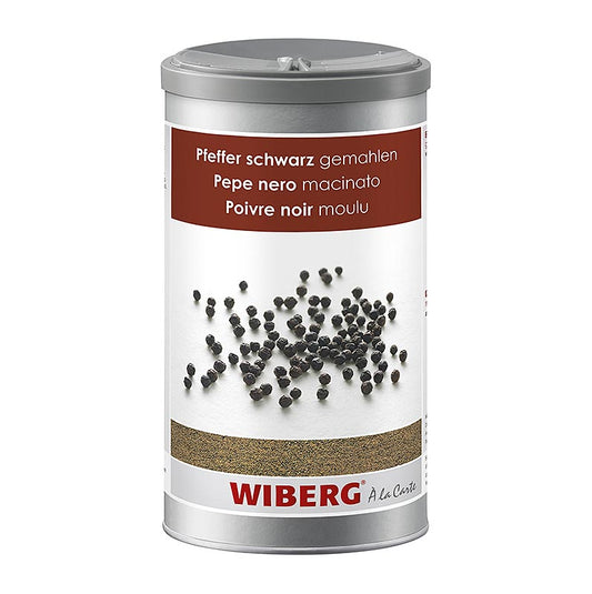 Gemalen Wiberg zwarte peper in een 555 g verpakking, perfect voor koken