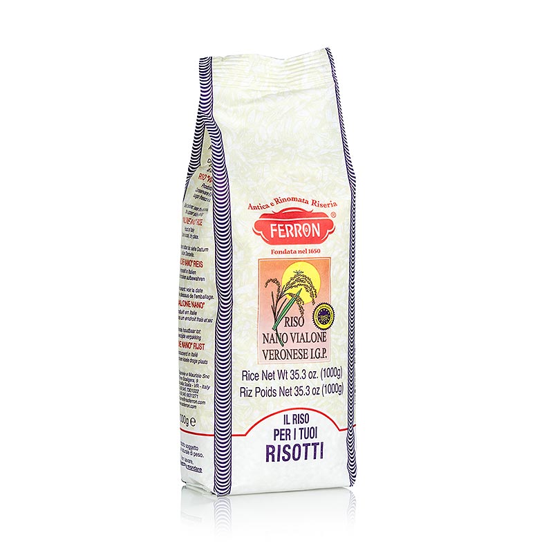 1 kilogram verpakking van Vialone Nano, risotto rondkorrelige rijst van het merk Ferron