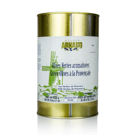 Groene olijven, zonder pit, met Provençaalse kruiden, in pekel, Arnaud, 4,2 kg