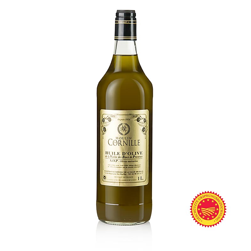 Extra vierge olijfolie, Fruité Noir, mild-zoetig, Baux de Provence, B.O.B., Cornille, 1 l