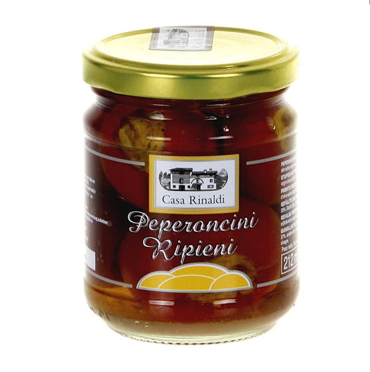 Gepekelde gevulde peperoncini, kersenpepers met tonijncrème, Casa Rinaldi, 190 g - Heerlijke gevulde peperoncini met tonijncrème van Casa Rinaldi