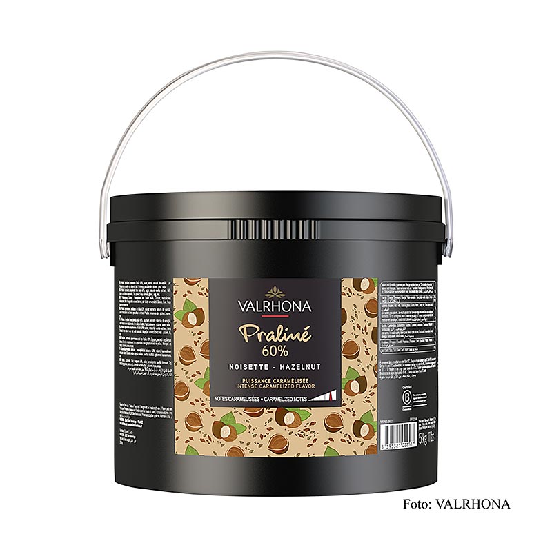 Fijne pralinepasta met 60% hazelnoot, intense nootachtige en sterke karamelsmaak, in een verpakking van 5 kg