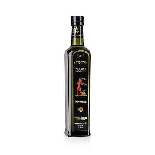 Extra olijfolie van eerste persing, Plora Prins van Kreta, Kreta, 500 ml - een fles olijfolie gemaakt van de eerste persing van olijven, afkomstig van het prachtige eiland Kreta, met een inhoud van 500 ml