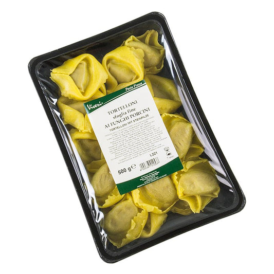 Verse tortelloni met ei en ricotta porcini paddenstoelenvulling van Viveri, 500 g, heerlijke en romige pasta gevuld met eieren, ricotta en porcini paddenstoelen