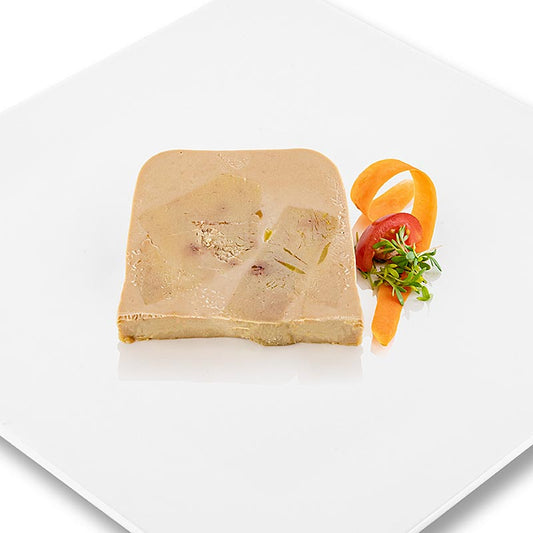 Ganzenleverblok, met stukjes, foie gras, trapeziumvormig, halfgeconserveerd, Rougié, 1 kg