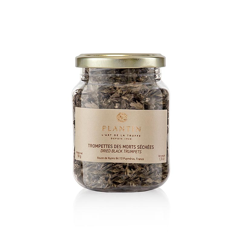 Herfst trompetten - Trompettes de la Mort, Plantin, 50 g Gedroogde paddenstoelen verpakt in een doos van 50 gram