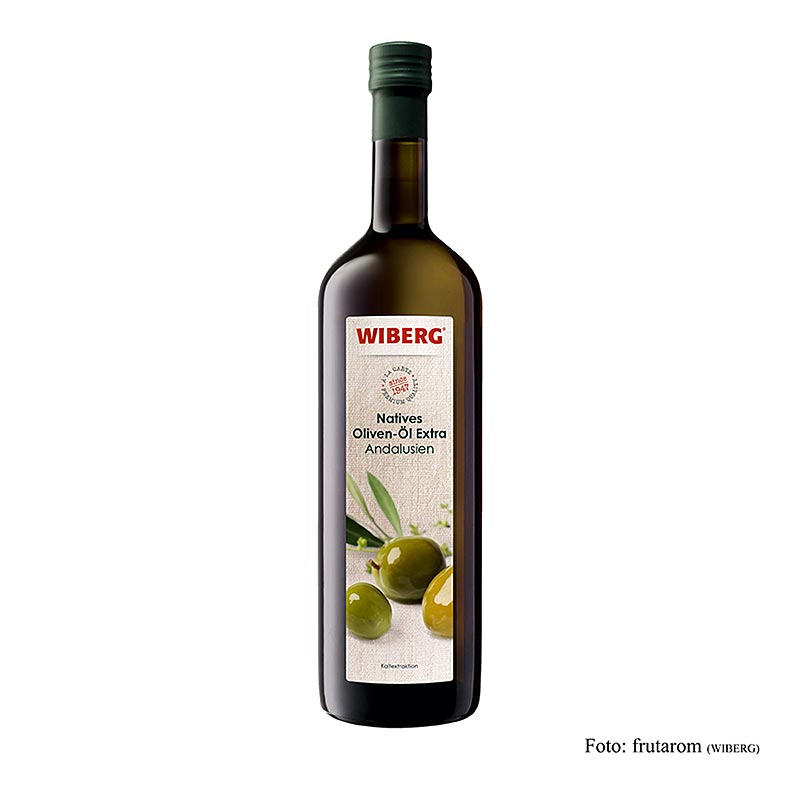 Foto van Wiberg extra olijfolie van eerste persing, koude extractie, Andalusië, 1 liter fles, perfect voor gebruik in diverse gerechten en met een rijke smaak