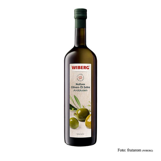 Foto van Wiberg extra olijfolie van eerste persing, koude extractie, Andalusië, 1 liter fles, perfect voor gebruik in diverse gerechten en met een rijke smaak