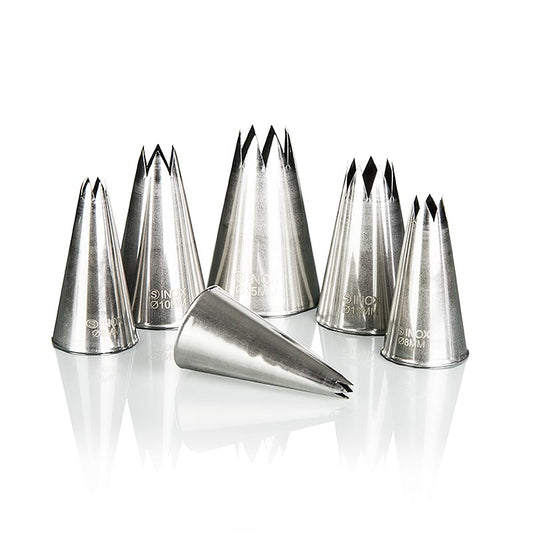 Spuitzakmondjes set, stervormig, van metaal, 6 stuks