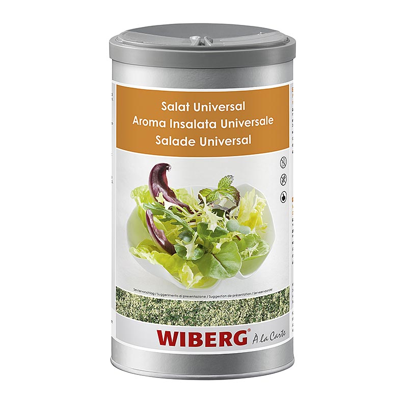 Foto van Wiberg salade kruidenmix, een 900 g verpakking met een mix van kruiden en specerijen voor het op smaak brengen van salades en gerechten