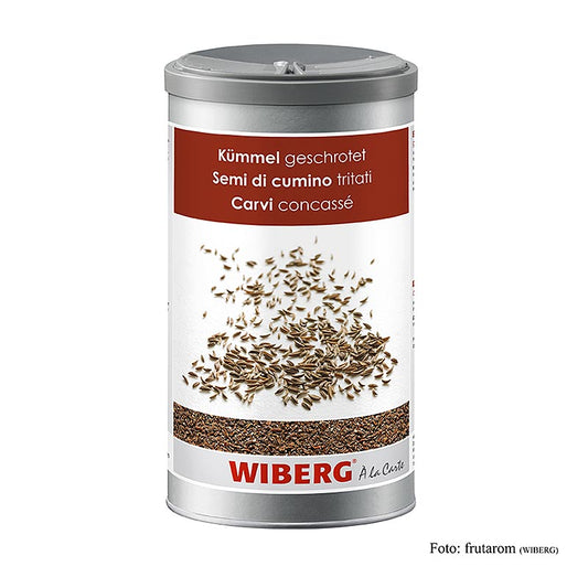 Foto van een 650 g verpakking van Wiberg karwijzaad, fijngemaakt, een hoogwaardig culinair product voor koken en bakken