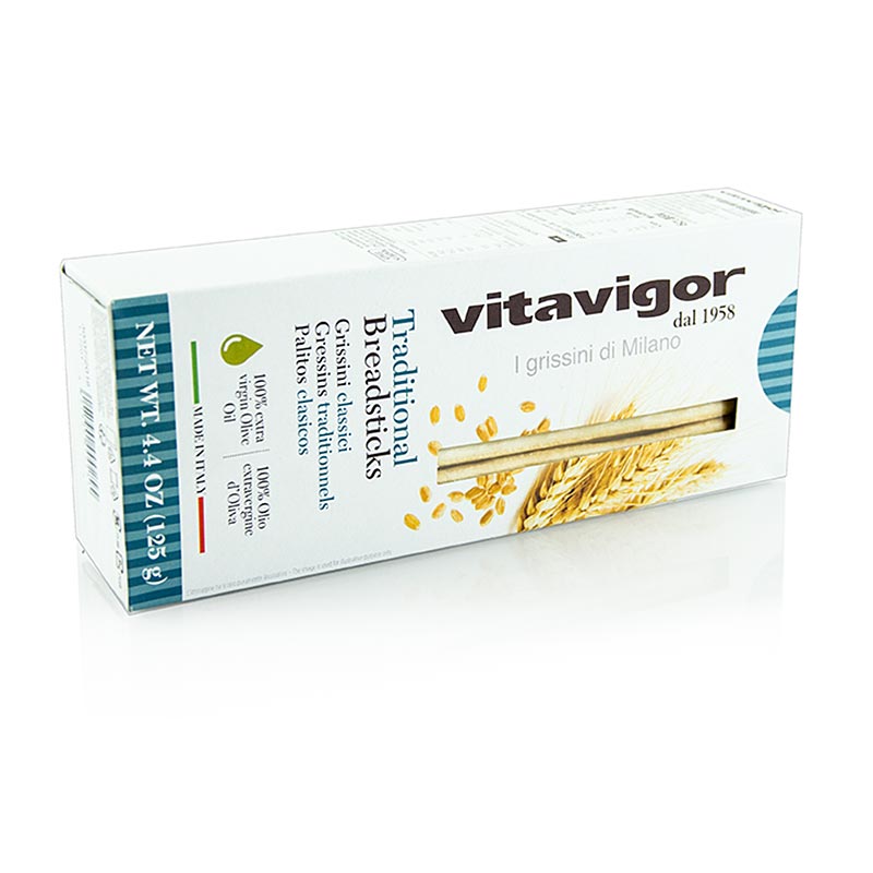 Krokante en smakelijke Vita Vigor Grissini, zeer dun en licht, verpakt in een zak van 125 g