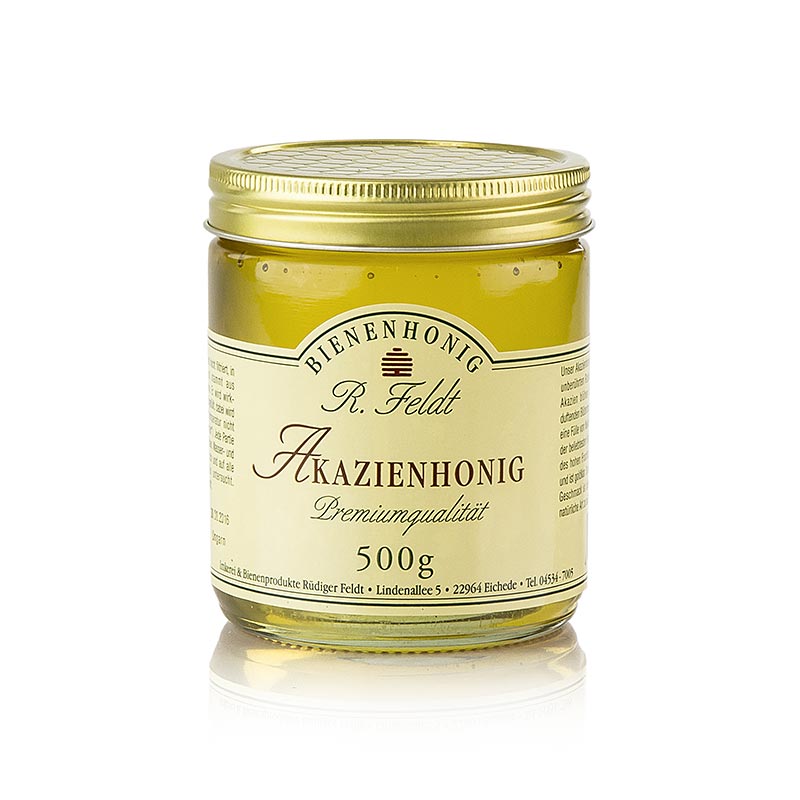 Acaciahoning uit Hongarije, met een lichtgouden kleur, vloeibare textuur en een delicaat zoete smaak, perfect om gerechten te zoeten, in een verpakking van 500 g