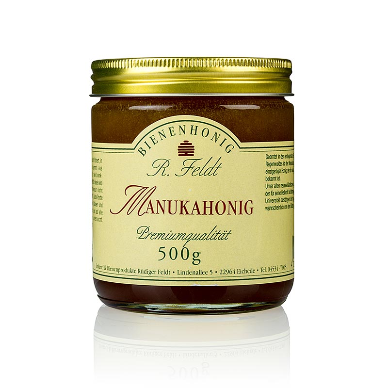 Manuka honing, afkomstig uit Nieuw-Zeeland, heeft een donkere, vloeibare consistentie en een sterke kruidensmaak, en wordt verkocht in een verpakking van 500 gram