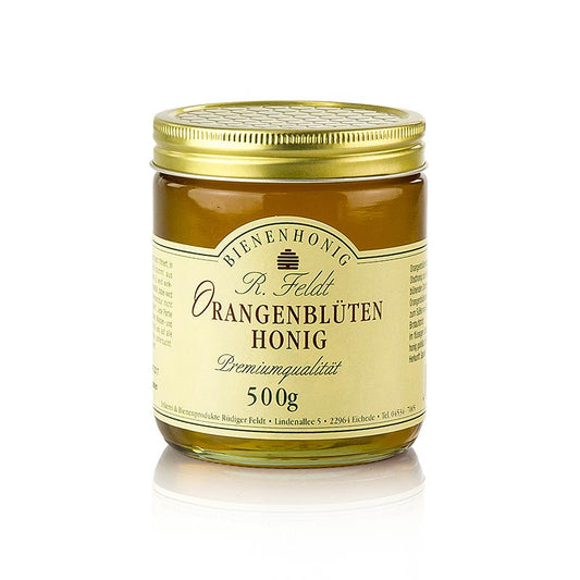 Oranjebloesemhoning uit Spanje, een vloeibare, goudkleurige en zoete honing van 500 g