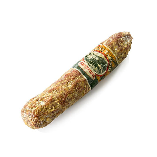 Truffelsalami van Gusti Toscani, gemaakt van hoogwaardig varkensvlees met fijne zomertruffels, lengte ca 23 cm, diameter 4 cm, perfect voor fijnproevers