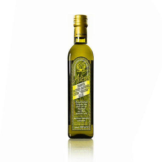 Extra vierge olijfolie van eerste persing uit Peloponnesos, Aderes druppelolie in een fles van 500 ml