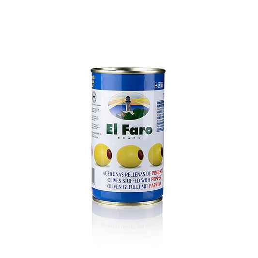 Groene olijven, zonder pit, met paprikapasta, in pekel, El Faro, 350 g