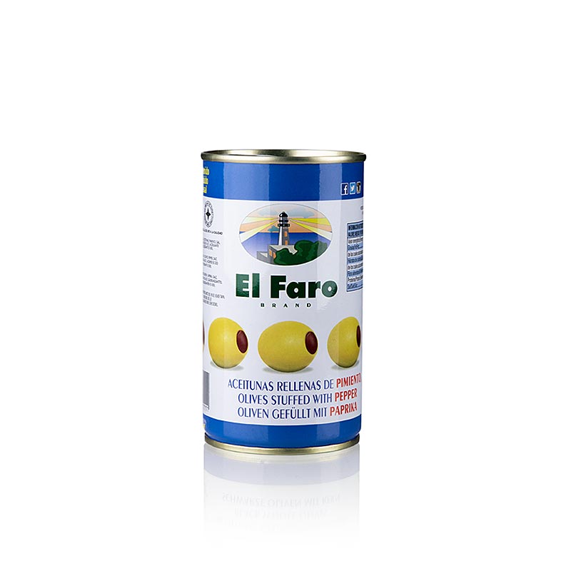 Groene olijven zonder pit, met paprikapasta, ingelegd in pekel van El Faro, 350 g, ideaal voor salades en tapas