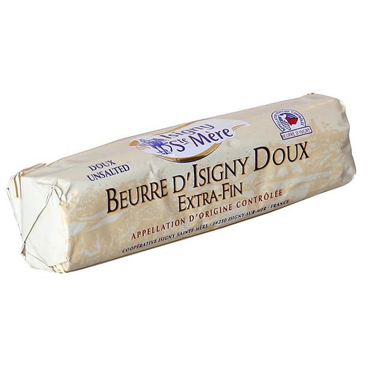Natuurlijke boter uit Frankrijk, bekend als Beurre d'Isigny Doux, 250 g, met zachte en romige textuur