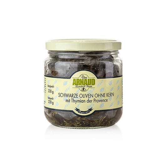 Arnaud Zwarte olijven zonder pit, met tijm, in zonnebloemolie, 220 g, perfect voor salades en antipasto