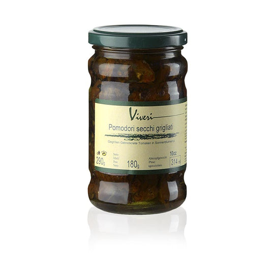 Gepekelde gedroogde, gegrilde tomaten, met kappertjes & olijven, 290 g - heerlijke mediterrane mix van gedroogde tomaten, kappertjes en olijven in pot van 290 gram