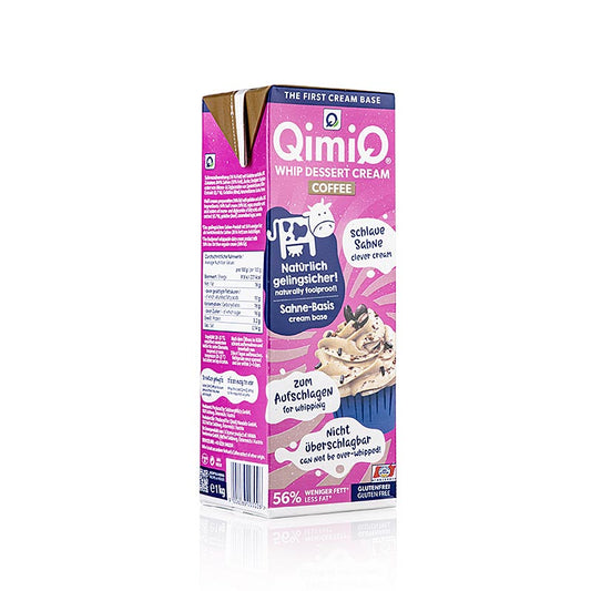 QimiQ Whip koffie, koud slagroom dessert, 16% vet, 1 kg - productafbeelding van romig koffie-dessert met een lage vetgehalte in een verpakking van 1 kilogram
